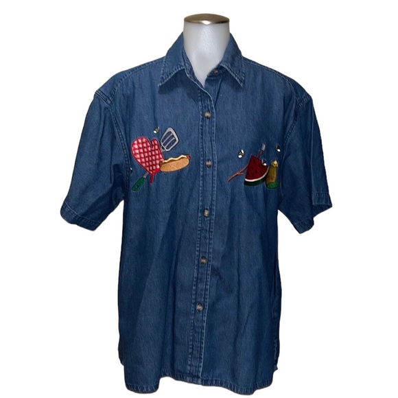 Vintage 90s Y2K Mandal Bay Embroidered Picnic Theme Button Shirt~Watermelon+ - Picture 1 of 7